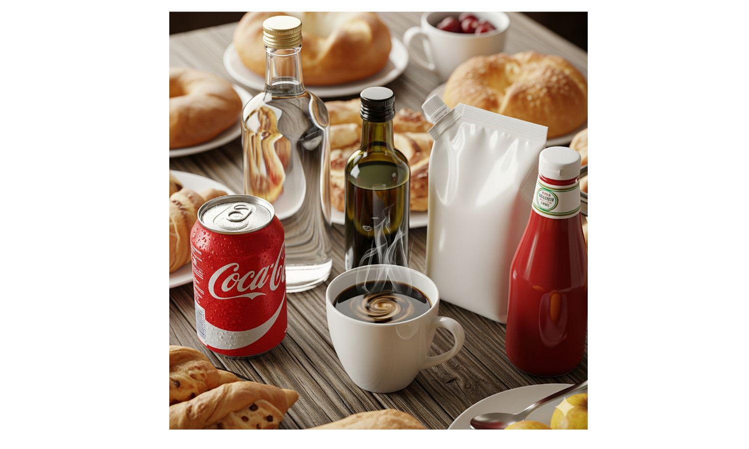 Diversos alimentos e bebidas sobre uma mesa