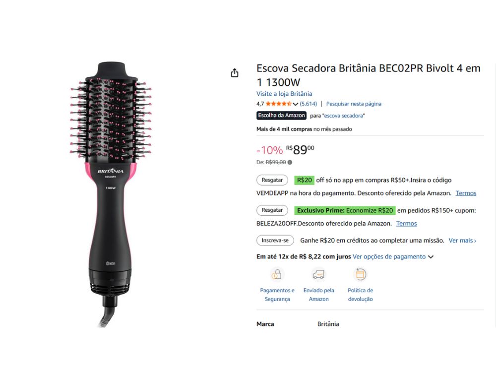 Escova Secadora Britânia BEC02PR 4 em 1 1300W bivolt