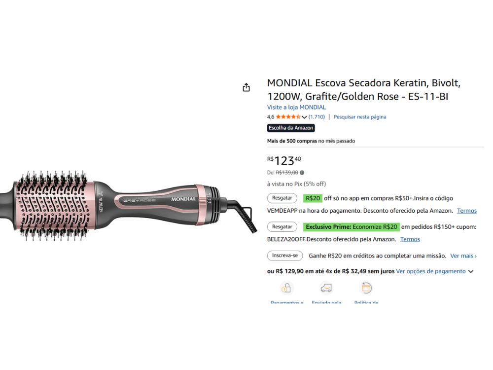 Escova Secadora Mondial Keratin ES-11-BI bivolt 1200W grafite golden rose