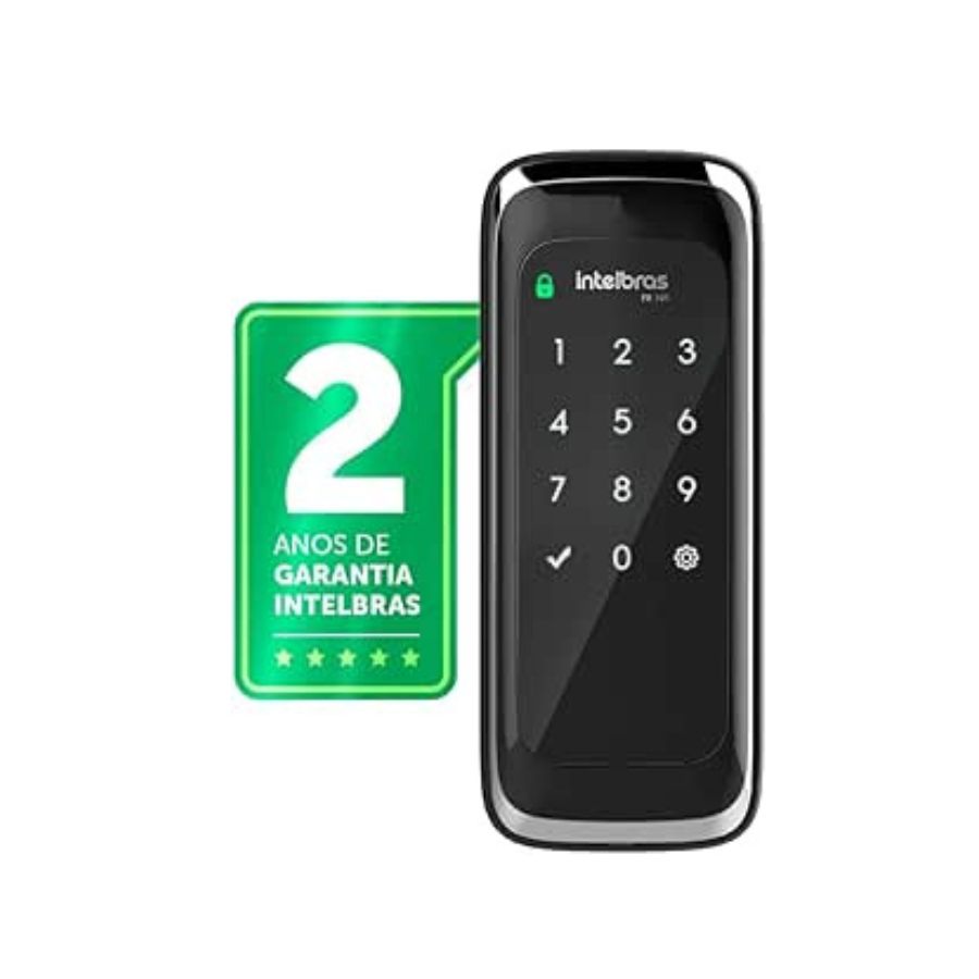 Fechadura Digital Intelbras FR 101 com painel touch screen instalada em porta moderna