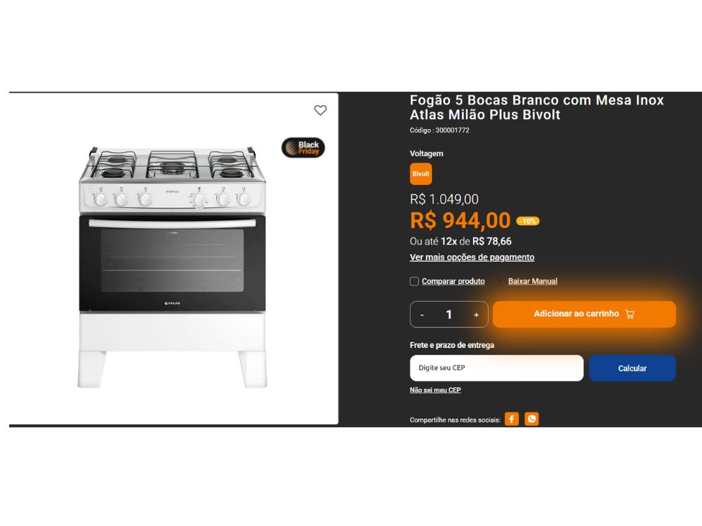 Fogão Atlas Milão Plus 5 bocas branco mesa inox bivolt