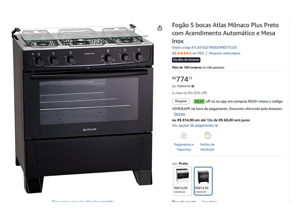 Fogão Atlas Mônaco Plus 5 bocas preto acendimento automático mesa inox