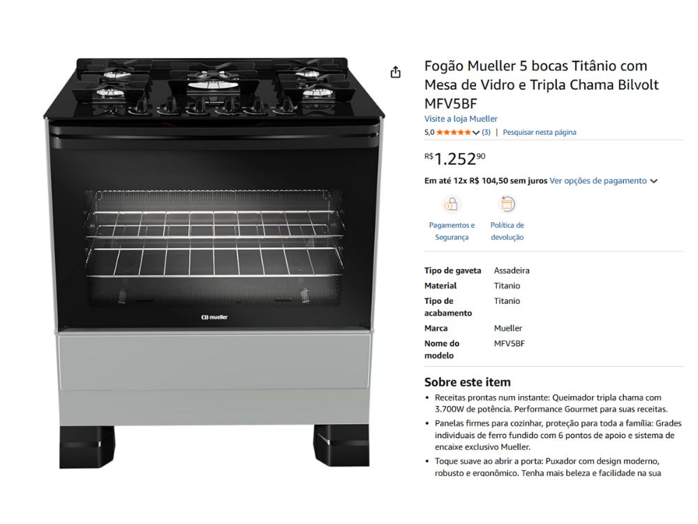 Fogão Mueller 5 bocas MFV5BF mesa de vidro tripla chama