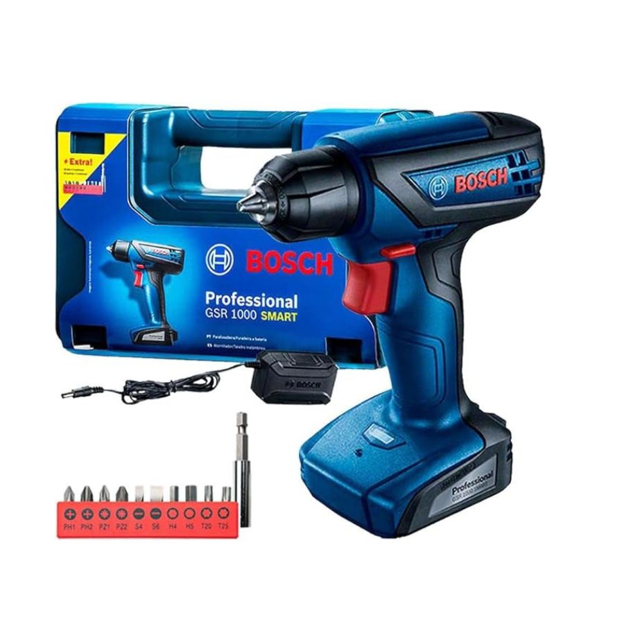 Furadeira e parafusadeira Bosch GSR 1000 Smart 12V com acessórios