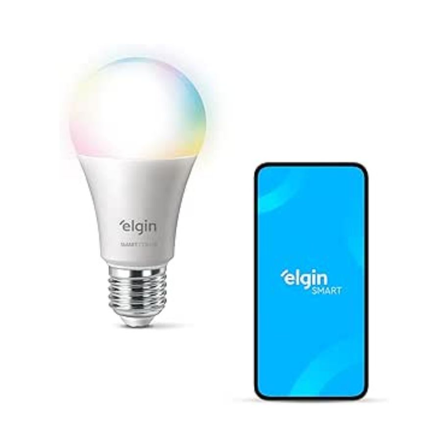 Lâmpada inteligente Elgin Smart Color 10W RGB instalada em luminária moderna