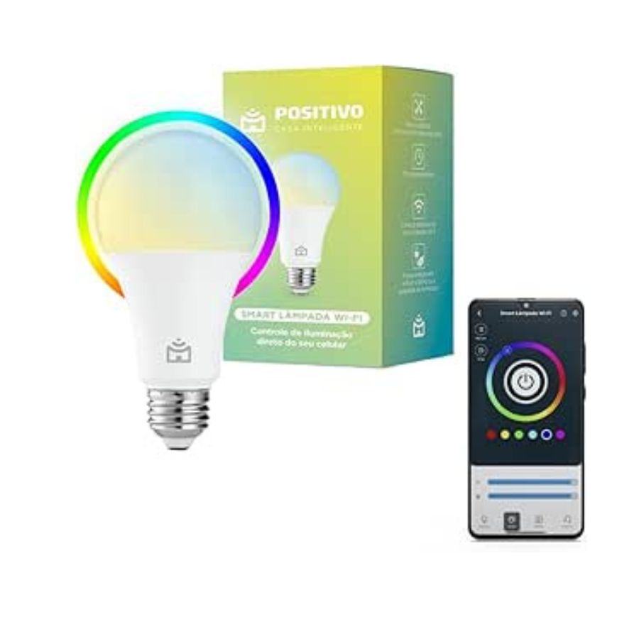 Lâmpada inteligente Positivo Casa Inteligente 9W em luminária de mesa